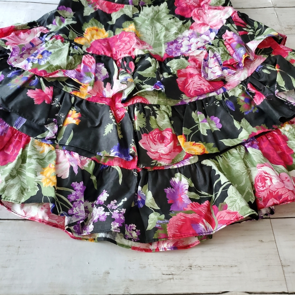 Vintage floral skirt high waisted tiered‎ ruffles 89s 90s - Picture 2 of 11